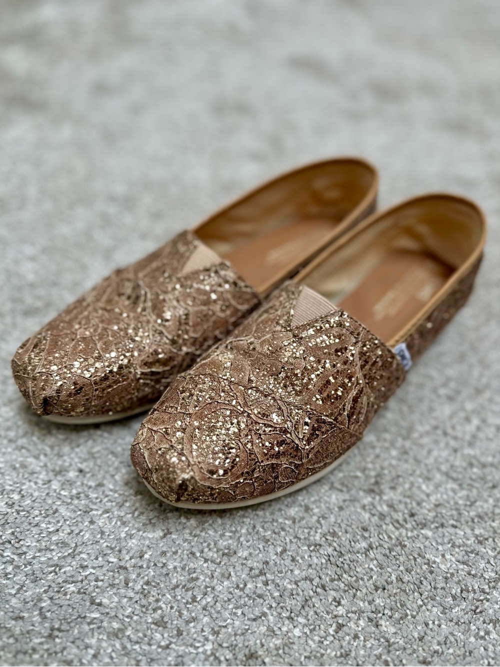 TOMS Rose Gold Sparkle Slip-On Flats